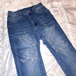 90s style rhinestone, blue flare jeans size small